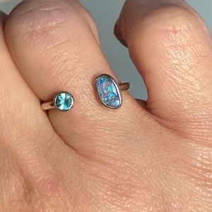 Boulder Opal & Blue Zircon Sterling Silver Ring Handmade Jewelry